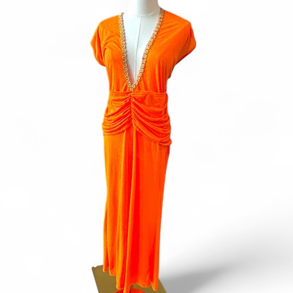 Pitusa Cutout Halter Ruched Maxi Dress Tangerine Orange Beaded Trim One Size